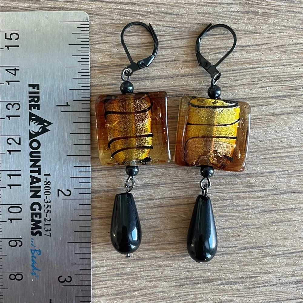 HAND CRAFTED DROP EARRINGS Clear Foil-lined Amber Glass Black Onyx Teardrops
